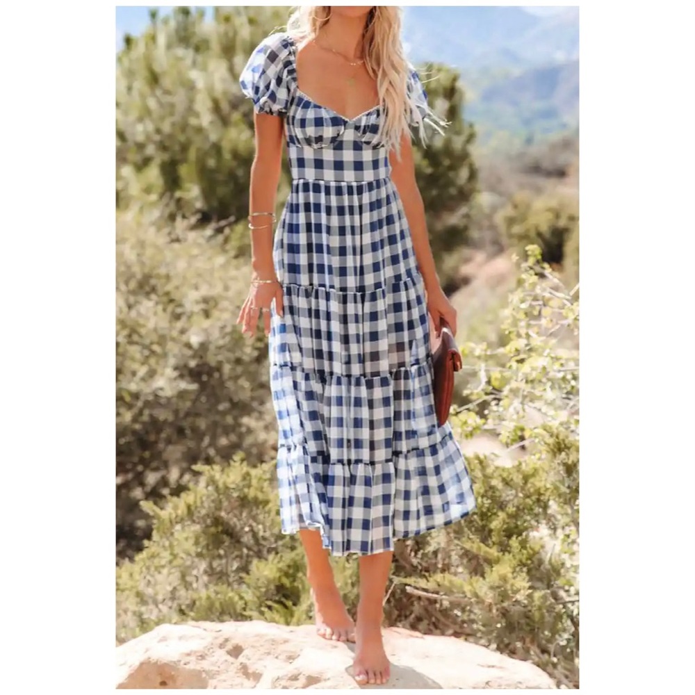 VICI RYE PUFF SLEEVE GINGHAM MIDI DRESS
